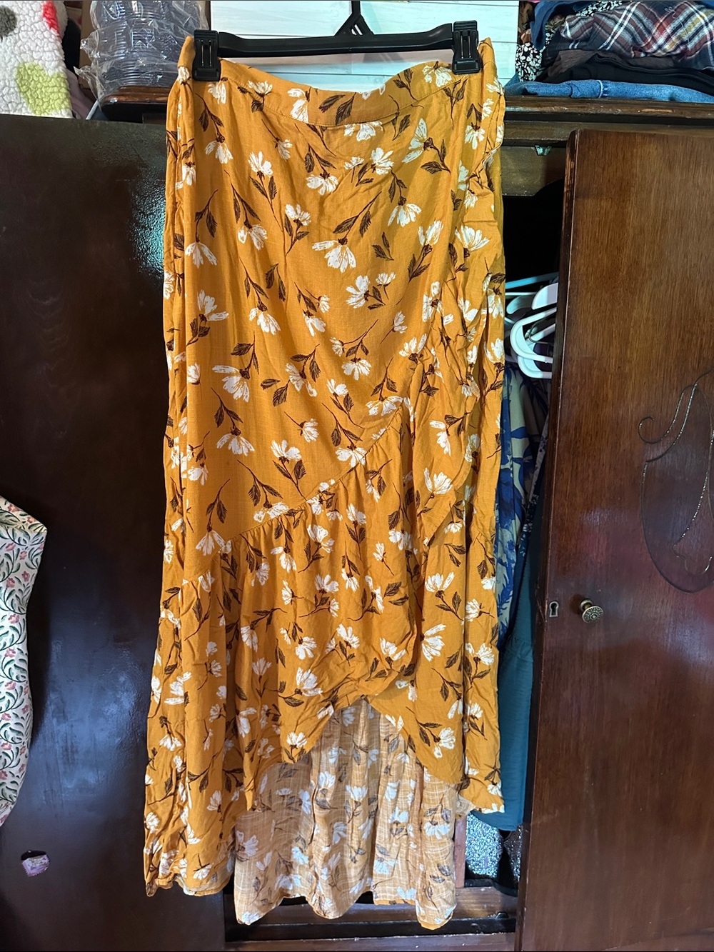 Mustard Floral High-Low Maxi Skirt